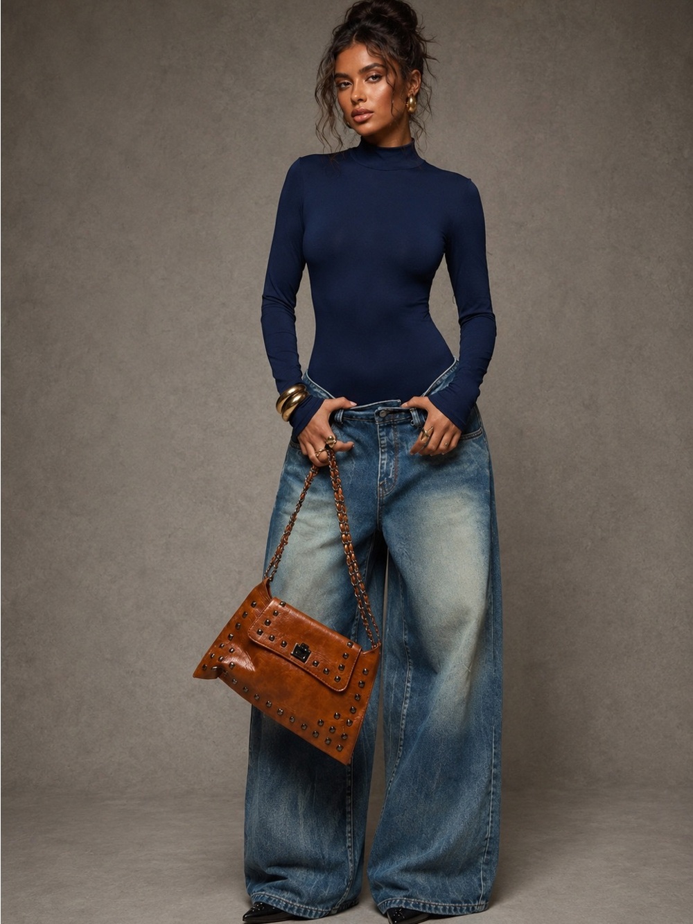 Navy Blue Backless Bodysuit Mock Neck Long Sleeve Bodycon Sexy Top